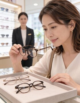 店員の前で眼鏡フレームを手に取り選ぶ女性の縦構図