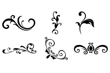 Set of black vintage floral corners and curly flourish ornaments vector silhouette symbols for design © My Mart