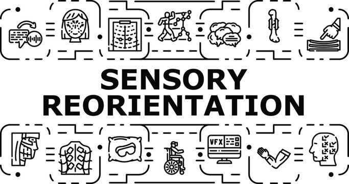 Sensory reorientation banner infographic. Spatial environment, orientation refocusing, recovery perception icon vector illustration