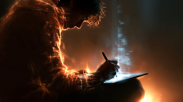 Creative Digital Artist Working on Glowing Graphic Tablet