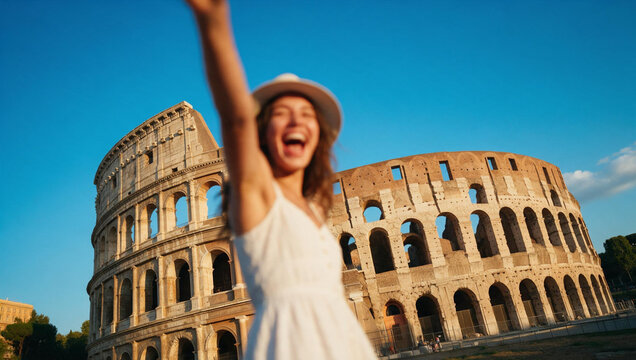 Happy Tourist Woman Sightseeing in Front of Colosseum Rome