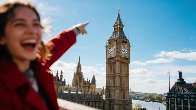 Excited Tourist Woman Pointing at Big Ben in London