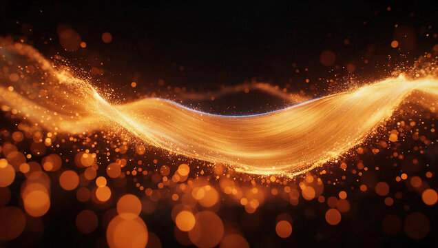 Glowing Golden Energy Wave with Sparkling Particles and Bokeh