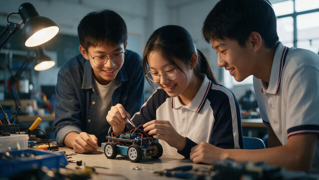Asian Students Building Robotic Car in STEM Workshop