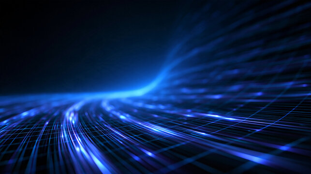Abstract Blue Fiber Optic Light Trails in Digital Network
