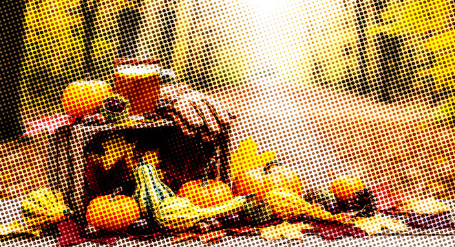 Autumn harvest display with pumpkins and gourds in halftone dot pattern halftone effect