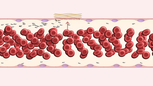 Blood clot formation at a blood vessel injury, platelets adhering to exposed collagen, activating and aggregating into a platelet plug, fibrin mesh trapping red blood cells, hemostasis 4K medical.