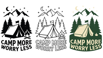 Camp more worry less wilderness graphic with tent and mountain scenery © Rafil