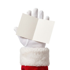 Santa hand holding open blank bifold greeting card mockup © BTG