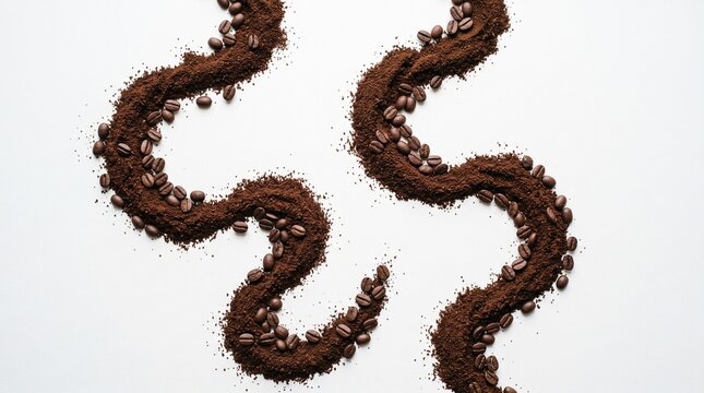 Ground coffee and whole beans form winding lines on a white surface