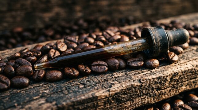 Pipette resting on roasted coffee beans detailed close up photography