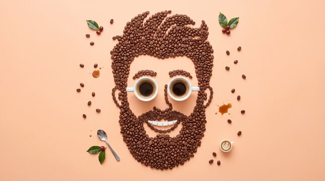 A man s face is creatively constructed from coffee beans and cups
