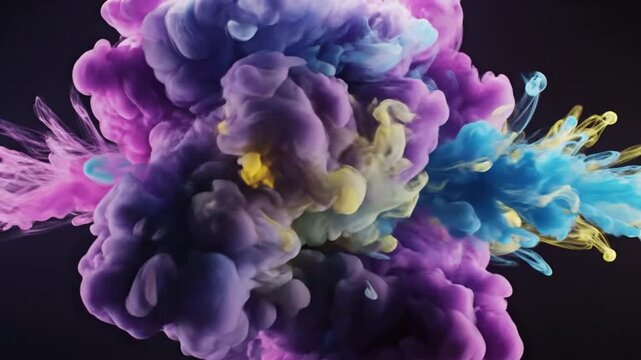 Abstract explosion of colorful ink clouds colliding and merging in a vibrant, dynamic display against a dark background