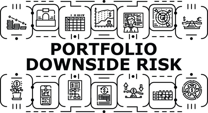 Portfolio downside risk banner infographic. Hedging allocation, drawdown assets, volatility correlation icon vector illustration