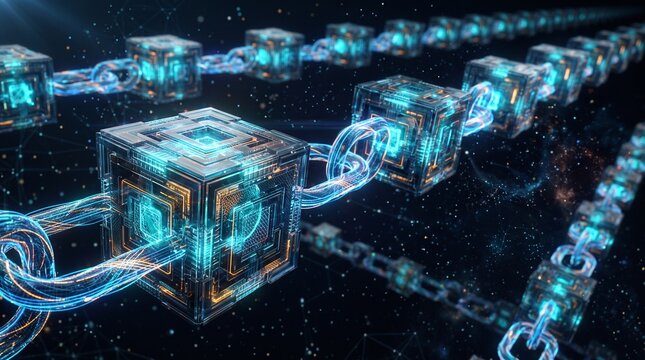 Chain of glowing digital blocks linked in space