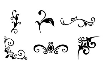 Set of black vintage floral corners and curly flourish ornaments vector silhouette symbols for design © My Mart