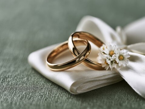 Two gold wedding rings resting on white fabric beside small white flowers
