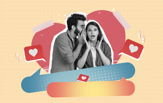 Excited Man Whispering To Surprised Woman, Showing Emotion At Colorful Background, Engaging In Communication, Young Adults In A Fun And Creative Setting, Creating A Connection Together.