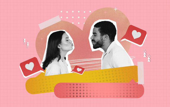 Happy Young Couple Kissing With Clear Affection While Smiling, Surrounded By Decorative Hearts And Speech Bubbles In A Romantic Setting. Concept Of Love And Connection.