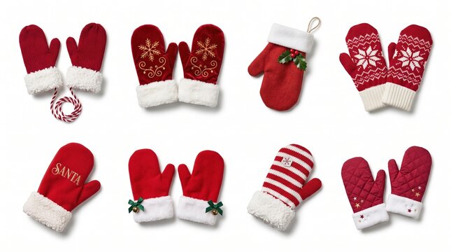 Variety of eight winter christmas mittens with festive red and white decoration.