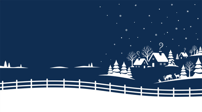 Charming winter holiday vector background featuring a snowy landscape with white silhouette houses pine trees deer and twinkling stars against a dark blue night sky