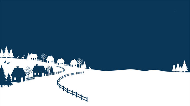 Charming Christmas background vector featuring a white silhouette snowy winter landscape with a cozy village, pine trees and a winding fence against a dark blue textured night sky