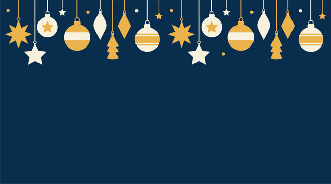 Charming Christmas background vector featuring hanging gold and white festive ornaments, baubles, stars, and tiny pine trees against a dark blue patterned night sky