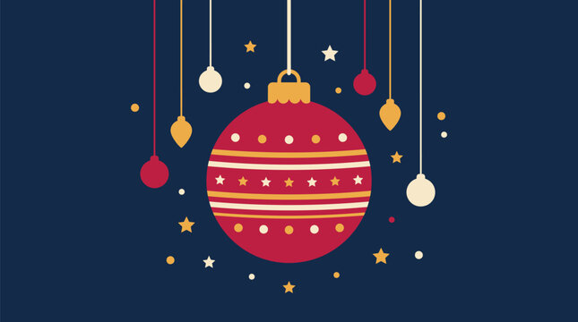 Charming Christmas background vector featuring a large central red bauble ornament with decorative gold stars and stripes hanging against a dark blue textured night sky