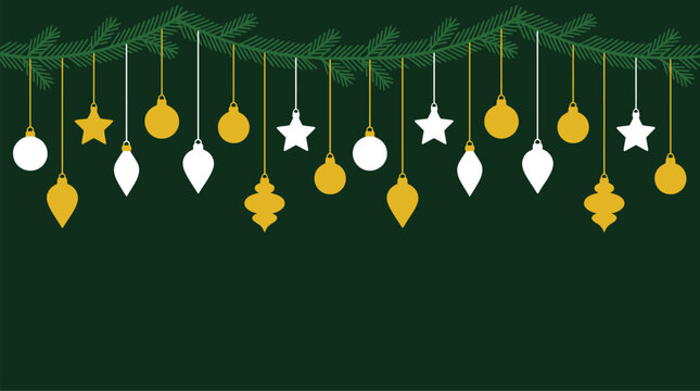 Charming vector Christmas background featuring hanging evergreen pine branch garlands decorated with gold and white baubles, stars, and teardrop ornaments against a dark green back
