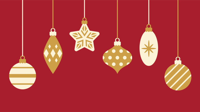 Charming Christmas background vector featuring hanging gold and white festive ornaments, baubles, and stars against a textured red patterned backdrop