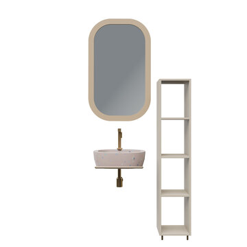 3D modern bathroom setup featuring a sink, mirror, and shelf against a white background