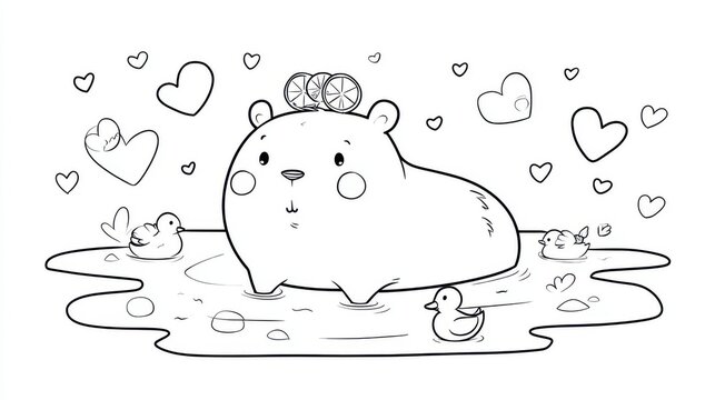 Cute cartoon bear ducklings hearts in pond for coloring. Charming outline illustration of plump bear wearing citrus slices on its head, surrounded by playful ducklings in water, hearts floating above