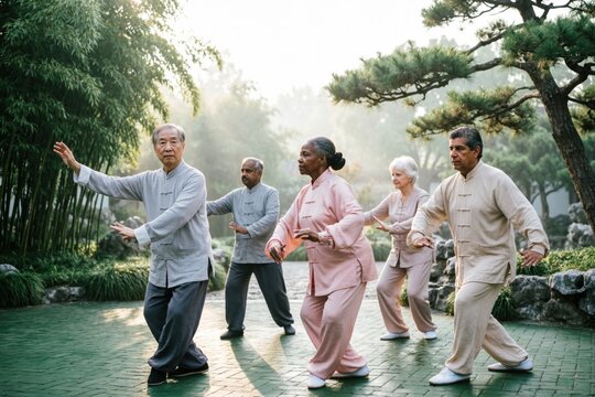 Un peque&ntilde;o grupo diverso de personas mayores practica taich&iacute; en un jard&iacute;n tranquilo a primera hora de la ma&ntilde;ana; movimientos fluidos bajo una luz suave