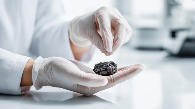 Exploring minerals in a laboratory setting for geological research. A researcher examines a raw mineral specimen with precision tools in a lab environment