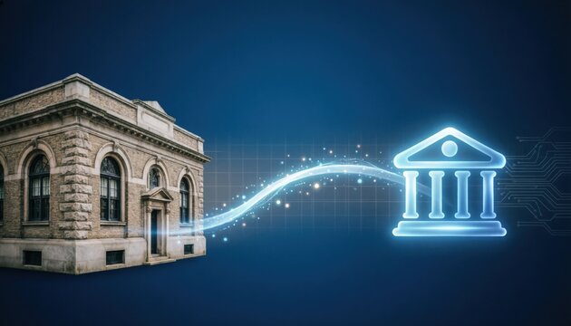 Banner que muestra una l&iacute;nea de tiempo horizontal: en el extremo izquierdo, un edificio bancario cl&aacute;sico de piedra que se transforma gradualmente en un icono bancario digital, elegante y luminoso