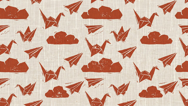 Vintage block print seamless pattern with rust red origami cranes, paper airplanes, and clouds on linen texture background.