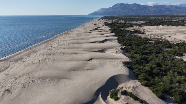 Aerial motion shot of long coastal sand dunes sliding beside calm blue sea with wind-sculpted ridges and sparse vegetation, dunes gradually shifting and curving inland toward dense green scrub and low