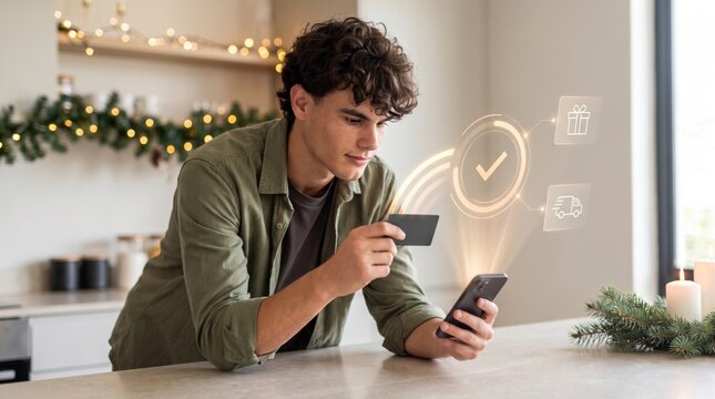 Savvy online shopper paying by card on smartphone at festive kitchen counter with hologram checkout