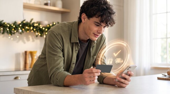 Thrifty holiday buyer confirming online order with credit card and smartphone in cozy kitchen