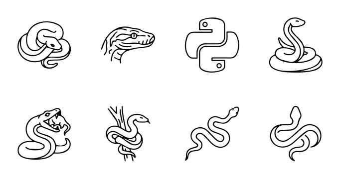 Snake line icons set with coiled and striking poses, reptile and python symbols for logo