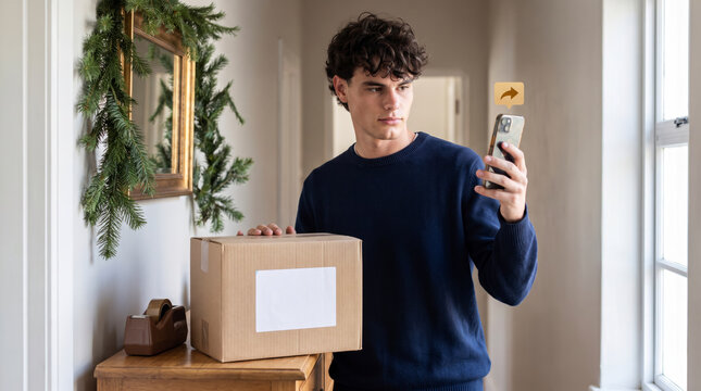 Resourceful sender photographing parcel label with smartphone to ship package from festive hallway