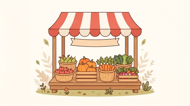 Charming farmers market stall featuring colorful fresh fruits and vibrant vegetables neatly arranged inside wooden crates and woven baskets under a bright red and white striped canopy for local shoppe