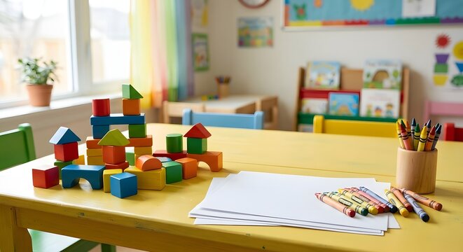 Bright and colorful wooden building blocks and crayons on a yellow table in a preschool classroom