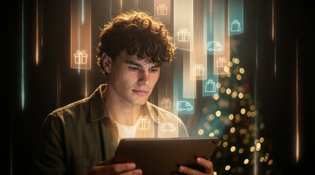 Impulsive tablet shopper scrolling holographic gift and delivery icons in warm dark room
