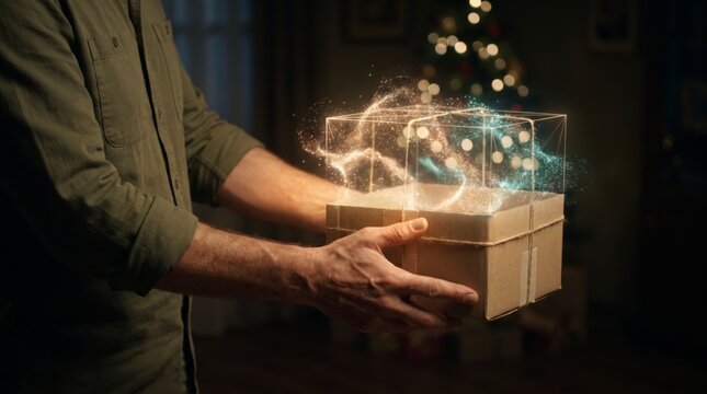 Awaited cardboard parcel handed over with glowing holographic particles near Christmas tree