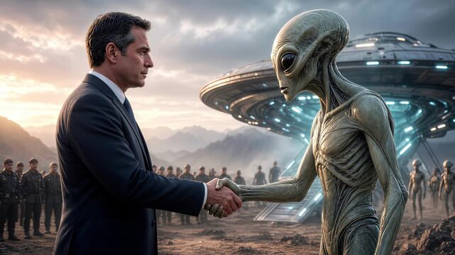 Diplomatic handshake between male official and extraterrestrial being. First contact ceremony with soldiers and spacecraft in desert landscape. Panning wide shot.