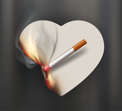 Heart shape made of paper burning from a cigarette. Vector illustration.