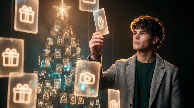 Selective gift buyer picking holographic watch tag from Christmas tree covered in shopping icons
