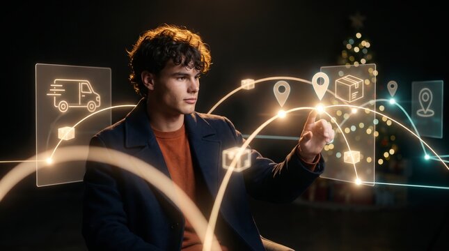 Proactive shopper selecting destination pin on glowing supply chain routes beside Christmas tree