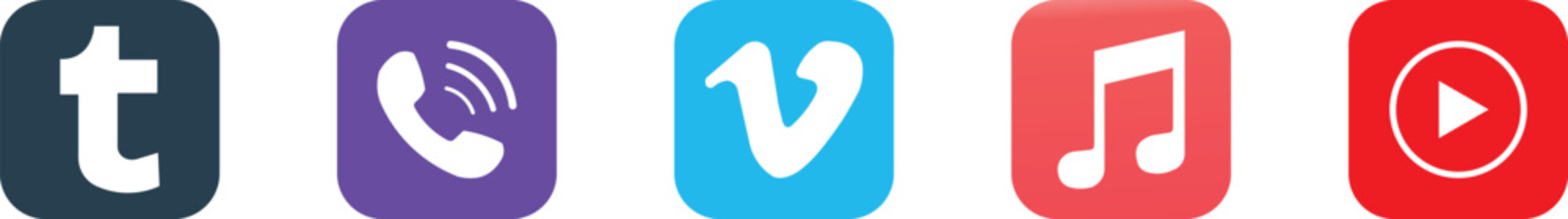 A horizontal row of five social media and communication app including tumblr, viber, vimeo, apple music, and you tube on white background